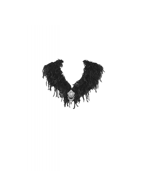 Gothic Style Gorgeous Retro Black Plush Tassel Silver Gemstone Pendant Decorative Shawl