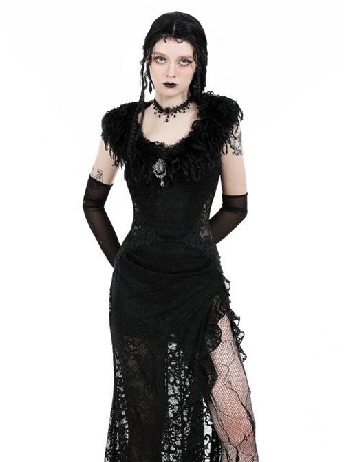 Gothic Style Gorgeous Retro Black Plush Tassel Silver Gemstone Pendant Decorative Shawl