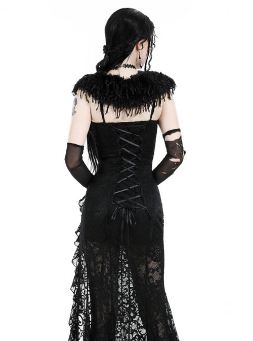 Gothic Style Gorgeous Retro Black Plush Tassel Silver Gemstone Pendant Decorative Shawl
