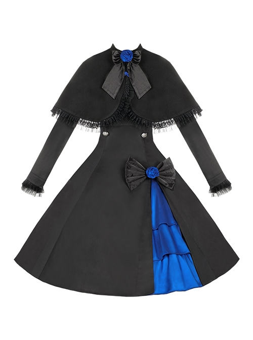 Night Chant Overture Series Blue Rose Bowknot Asymmetrical Design Elegant Classic Lolita Long Sleeves Black Dress Cloak Set
