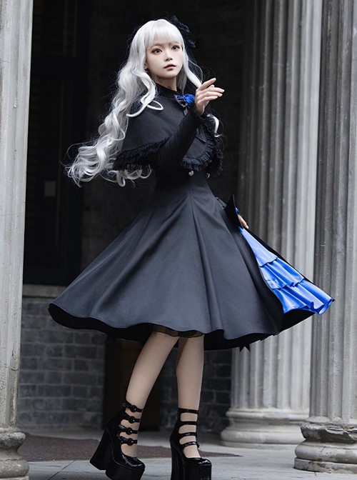 Night Chant Overture Series Blue Rose Bowknot Asymmetrical Design Elegant Classic Lolita Long Sleeves Black Dress Cloak Set