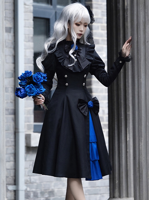 Night Chant Overture Series Blue Rose Bowknot Asymmetrical Design Elegant Classic Lolita Long Sleeves Black Dress Cloak Set