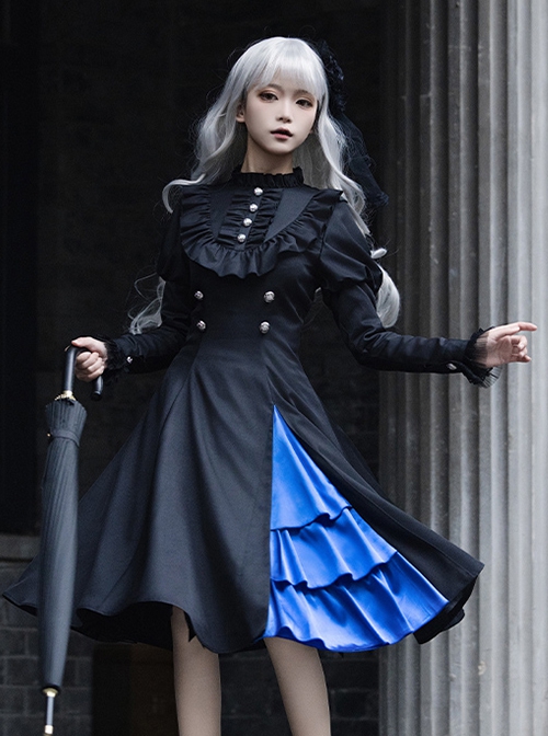 Night Chant Overture Series Blue Rose Bowknot Asymmetrical Design Elegant Classic Lolita Long Sleeves Black Dress Cloak Set