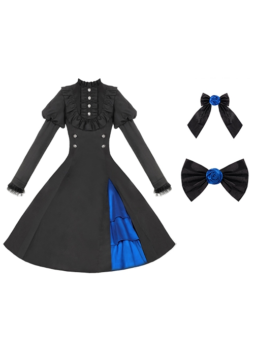 Night Chant Overture Series Blue Rose Bowknot Asymmetrical Design Elegant Classic Lolita Long Sleeves Black Dress Cloak Set