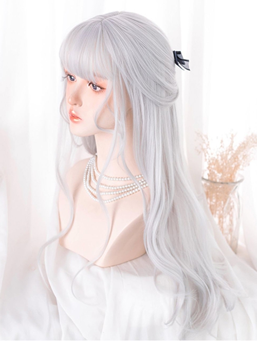 Summer Night Gleam Series Silver White Versatile Big Wavy Long Curly Hair Flat Bangs Sweet Lolita Full Head Wig