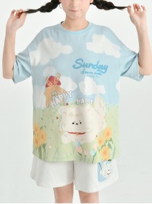 Fairy Tale Style Blue Sky White Clouds Grass Farm Comic Print Kawaii Fashion Short Sleeves Round Neck T-Shirt Short Pants Set
