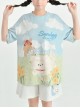 Fairy Tale Style Blue Sky White Clouds Grass Farm Comic Print Kawaii Fashion Short Sleeves Round Neck T-Shirt Short Pants Set