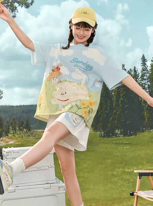Fairy Tale Style Blue Sky White Clouds Grass Farm Comic Print Kawaii Fashion Short Sleeves Round Neck T-Shirt Short Pants Set
