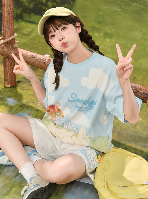 Fairy Tale Style Blue Sky White Clouds Grass Farm Comic Print Kawaii Fashion Short Sleeves Round Neck T-Shirt Short Pants Set