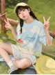 Fairy Tale Style Blue Sky White Clouds Grass Farm Comic Print Kawaii Fashion Short Sleeves Round Neck T-Shirt Short Pants Set