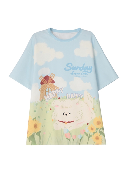 Fairy Tale Style Blue Sky White Clouds Grass Farm Comic Print Kawaii Fashion Short Sleeves Round Neck T-Shirt Short Pants Set