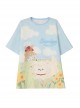 Fairy Tale Style Blue Sky White Clouds Grass Farm Comic Print Kawaii Fashion Short Sleeves Round Neck T-Shirt Short Pants Set