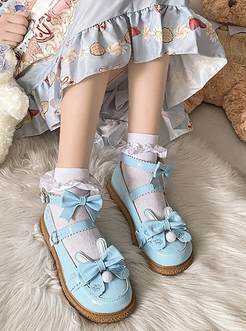 Round Head Bunny Ears Hair Ball Bowknot Cat Claw Print Lace Cute Sweet Lolita Doll Soft Flat Cookies Bottom Shoes