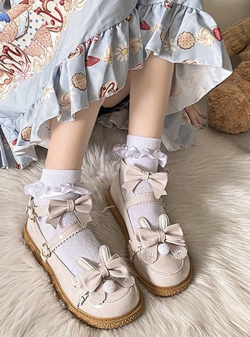 Round Head Bunny Ears Hair Ball Bowknot Cat Claw Print Lace Cute Sweet Lolita Doll Soft Flat Cookies Bottom Shoes