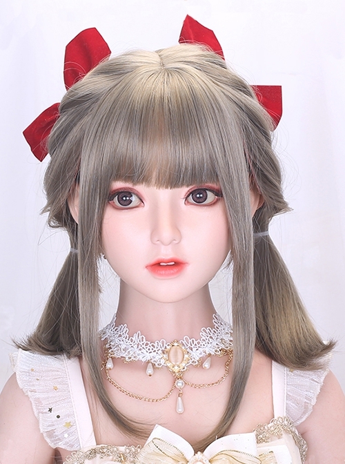 Aoki Linen Gray Cute Short Straight Bobo Double Ponytail Braided Hair Girl Styling Sweet Lolita Full Head Wig