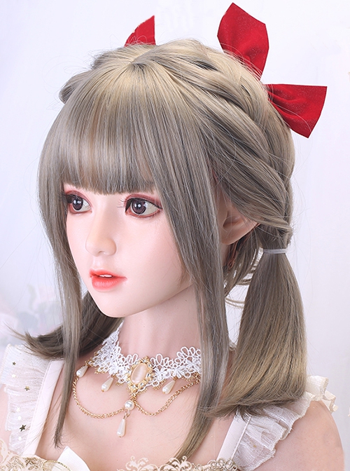 Aoki Linen Gray Cute Short Straight Bobo Double Ponytail Braided Hair Girl Styling Sweet Lolita Full Head Wig