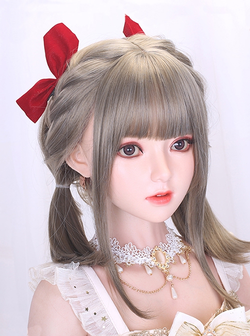 Aoki Linen Gray Cute Short Straight Bobo Double Ponytail Braided Hair Girl Styling Sweet Lolita Full Head Wig