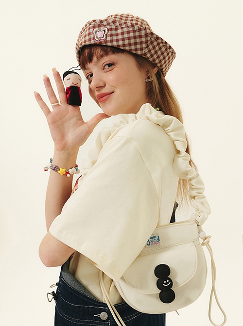 Spring Pasture Series Cute Square Contrast Kawaii Fashion Zippered Pleated Chunky Crossbody Strap Elastic Band Bag