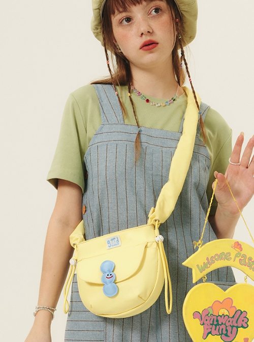 Spring Pasture Series Cute Square Contrast Kawaii Fashion Zippered Pleated Chunky Crossbody Strap Elastic Band Bag