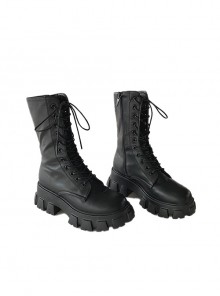Punk Style European American Street Handsome Motorcycle Thick Sole Round Toe Shoelace Black Martin Boots Knight Boots
