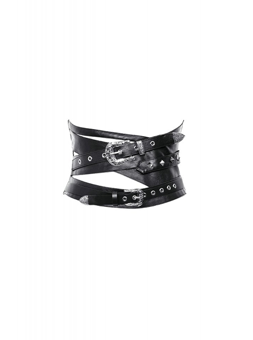 Punk Style Cool Rock Bandage Design Silver Metal Buckle Rivet Decoration Black PU Leather Tight Belt