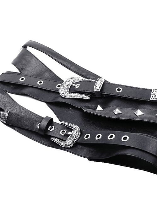 Punk Style Cool Rock Bandage Design Silver Metal Buckle Rivet Decoration Black PU Leather Tight Belt
