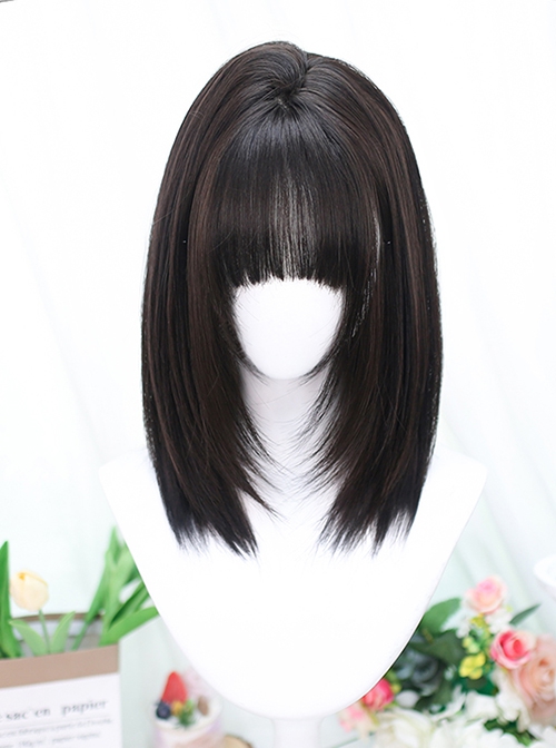 Japanese Style Gentle Daily Commute Flat Bangs Natural Medium Hair Sweet Lolita Full Head Wig