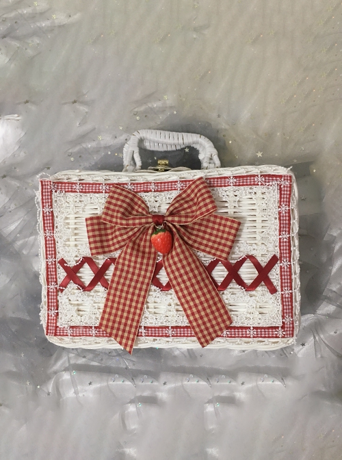 Heart Shape Lace Bowknot Ribbon Versatile Soft Girl Picnic Sweet Lolita Rectangle Rattan Box Woven Handbag
