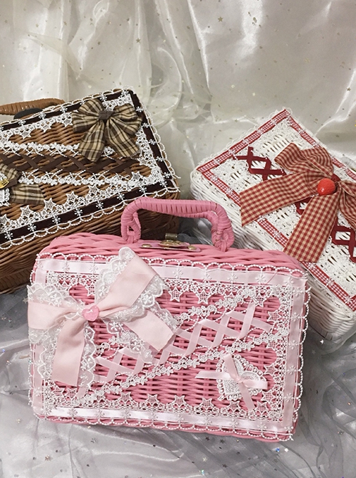 Heart Shape Lace Bowknot Ribbon Versatile Soft Girl Picnic Sweet Lolita Rectangle Rattan Box Woven Handbag