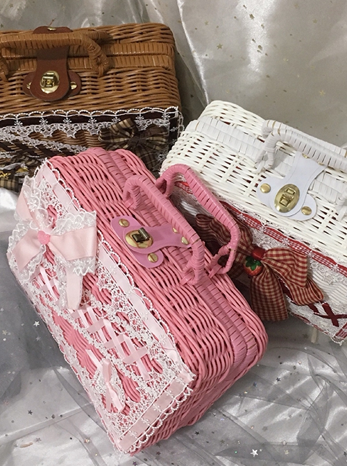 Heart Shape Lace Bowknot Ribbon Versatile Soft Girl Picnic Sweet Lolita Rectangle Rattan Box Woven Handbag