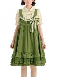 Forest Style Leaf Lace Ruffles Bowknot Sweet Retro Doll Classic Lolita Green Suspender Dress Short Sleeves Shirt Set