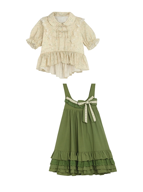 Forest Style Leaf Lace Ruffles Bowknot Sweet Retro Doll Classic Lolita Green Suspender Dress Short Sleeves Shirt Set