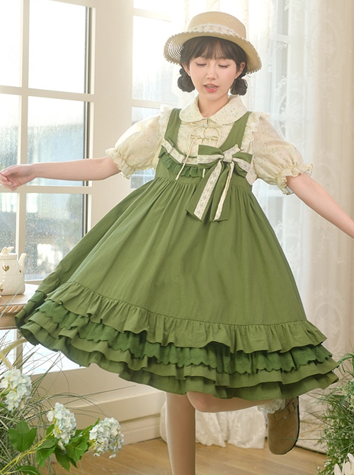 Forest Style Leaf Lace Ruffles Bowknot Sweet Retro Doll Classic Lolita Green Suspender Dress Short Sleeves Shirt Set