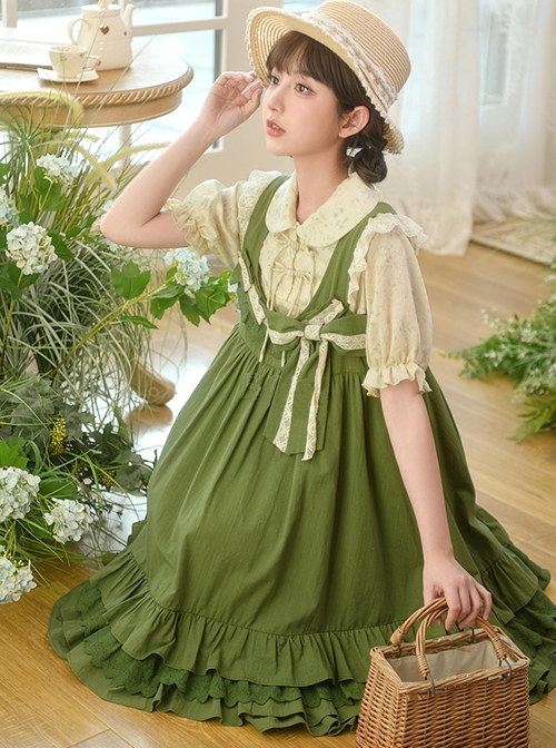 Forest Style Leaf Lace Ruffles Bowknot Sweet Retro Doll Classic Lolita Green Suspender Dress Short Sleeves Shirt Set