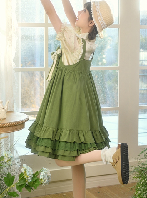 Forest Style Leaf Lace Ruffles Bowknot Sweet Retro Doll Classic Lolita Green Suspender Dress Short Sleeves Shirt Set