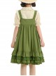 Forest Style Leaf Lace Ruffles Bowknot Sweet Retro Doll Classic Lolita Green Suspender Dress Short Sleeves Shirt Set