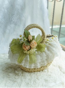 Simulated Daisy Green Leaves Rose Lace Pastoral Style Vacation Satin Bowknot Classic Lolita Straw Handbag