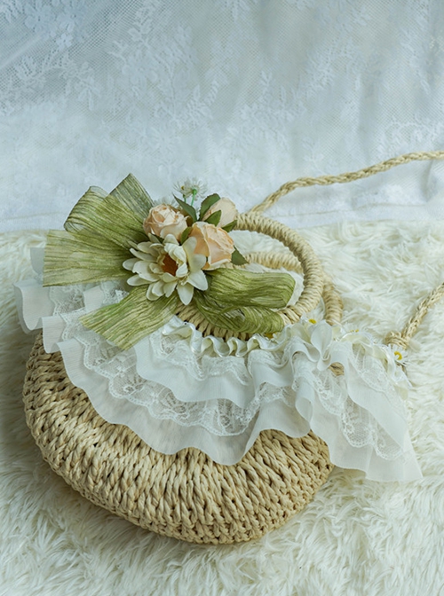 Simulated Daisy Green Leaves Rose Lace Pastoral Style Vacation Satin Bowknot Classic Lolita Straw Handbag