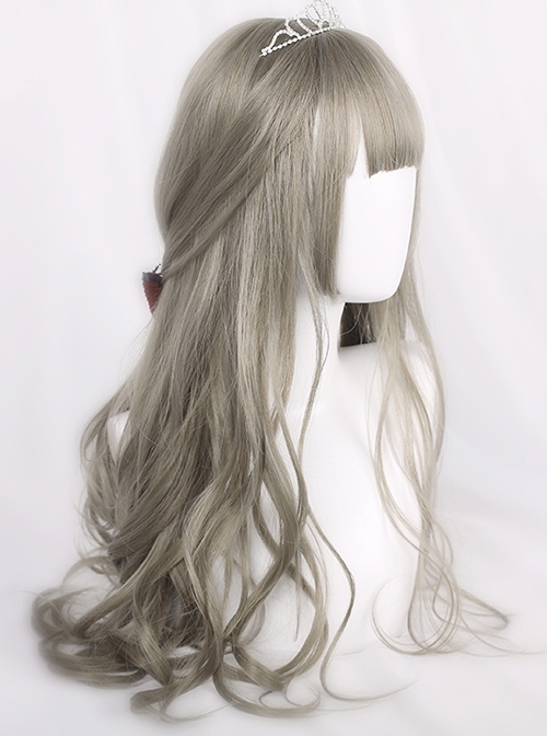 Aoki Linen Gray Princess Style Elegant Flat Bangs Big Wavy Long Curly Hair Sweet Lolita Full Head Wig