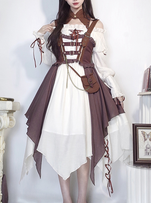 Pirate Guide Series Exquisite Lapel Straps Bowknot Steampunk Voyages Brown Classic Lolita Suspender Dress Puff Sleeves Shirt Set