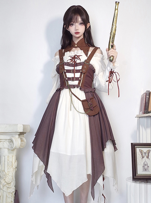 Pirate Guide Series Exquisite Lapel Straps Bowknot Steampunk Voyages Brown Classic Lolita Suspender Dress Puff Sleeves Shirt Set