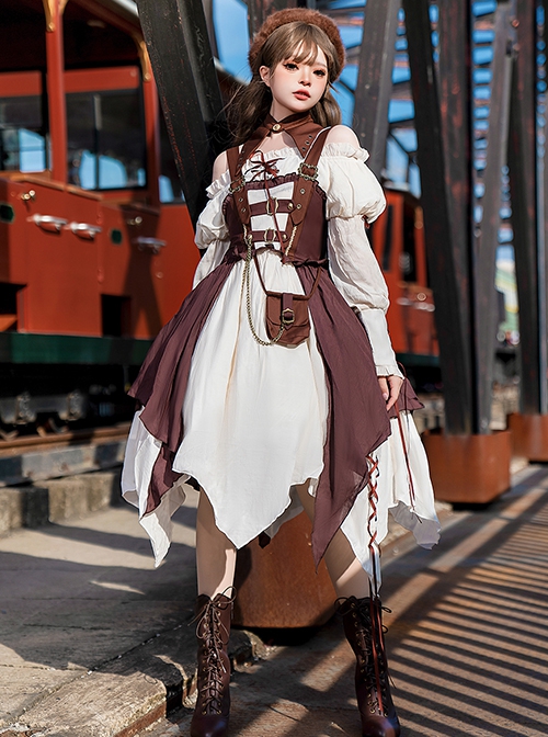 Pirate Guide Series Exquisite Lapel Straps Bowknot Steampunk Voyages Brown Classic Lolita Suspender Dress Puff Sleeves Shirt Set