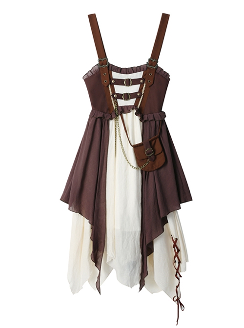 Pirate Guide Series Exquisite Lapel Straps Bowknot Steampunk Voyages Brown Classic Lolita Suspender Dress Puff Sleeves Shirt Set