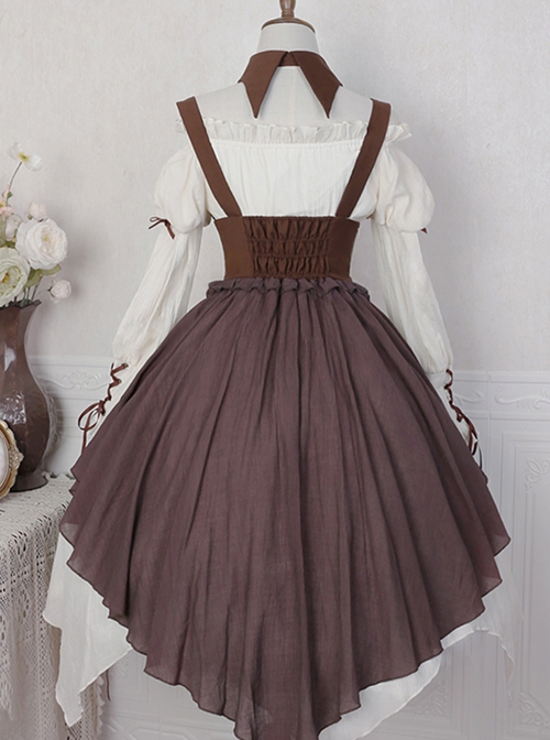 Pirate Guide Series Exquisite Lapel Straps Bowknot Steampunk Voyages Brown Classic Lolita Suspender Dress Puff Sleeves Shirt Set