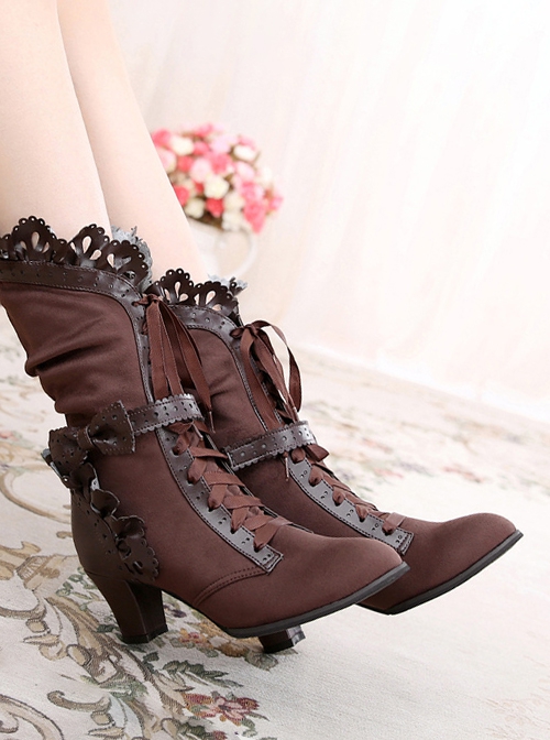 Handmade Bowknot Ribbon Vintage Gorgeous Victorian Steampunk Style Lace Classic Lolita Outdoor High Boots