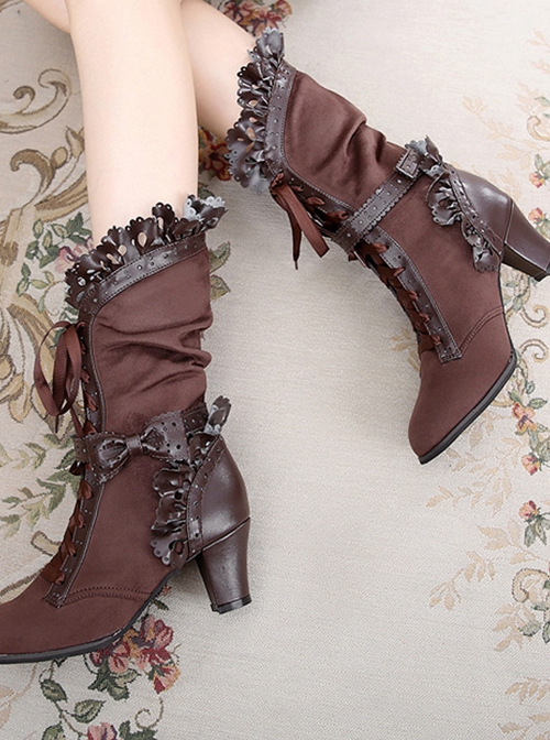 Handmade Bowknot Ribbon Vintage Gorgeous Victorian Steampunk Style Lace Classic Lolita Outdoor High Boots