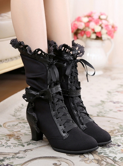 Handmade Bowknot Ribbon Vintage Gorgeous Victorian Steampunk Style Lace Classic Lolita Outdoor High Boots