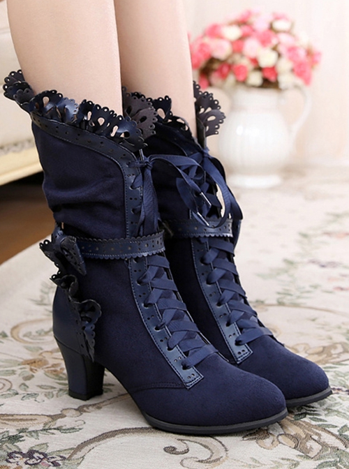 Handmade Bowknot Ribbon Vintage Gorgeous Victorian Steampunk Style Lace Classic Lolita Outdoor High Boots