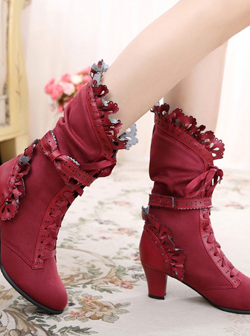 Handmade Bowknot Ribbon Vintage Gorgeous Victorian Steampunk Style Lace Classic Lolita Outdoor High Boots