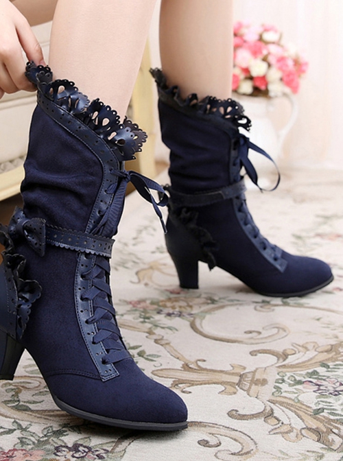 Handmade Bowknot Ribbon Vintage Gorgeous Victorian Steampunk Style Lace Classic Lolita Outdoor High Boots